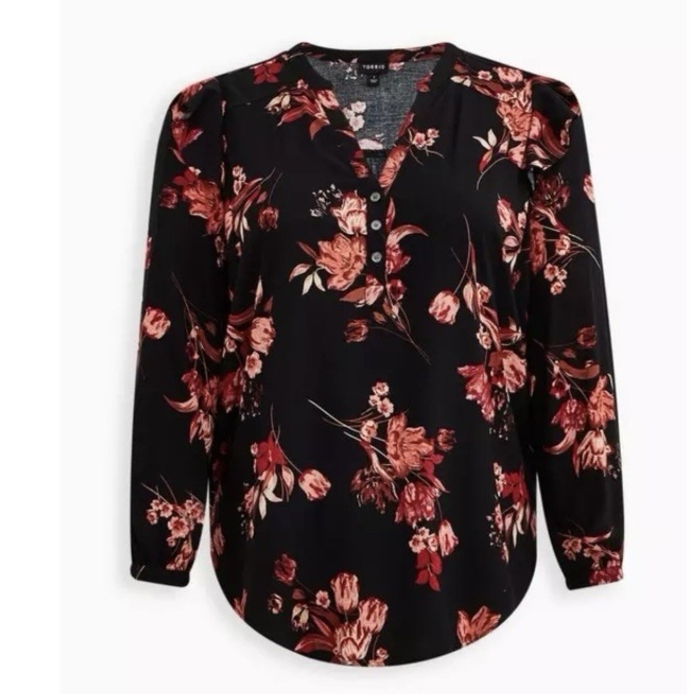 Torrid Black Floral Challis Ruffle Trim Pullover Top Size 3X - Picture 5 of 12